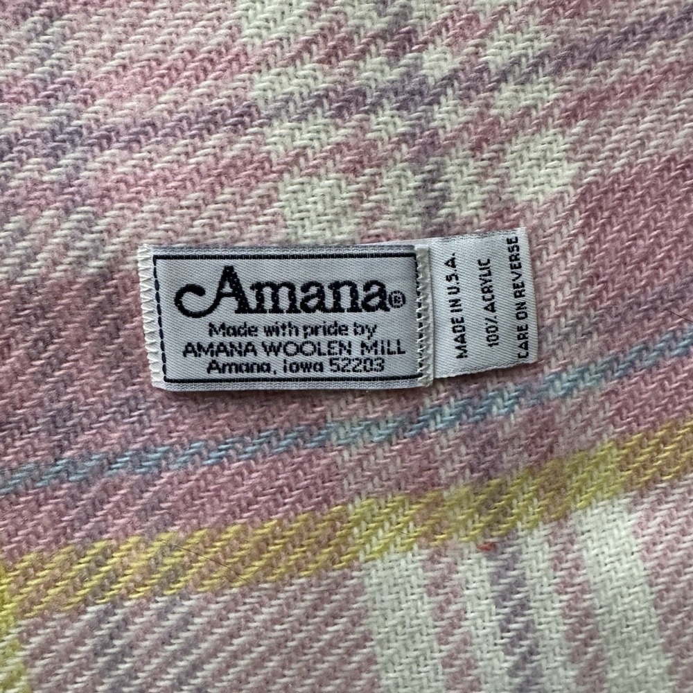 Vintage Amana Woolen Mills Acrylic Pastel Plaid Crib Baby Blanket 51"x32"